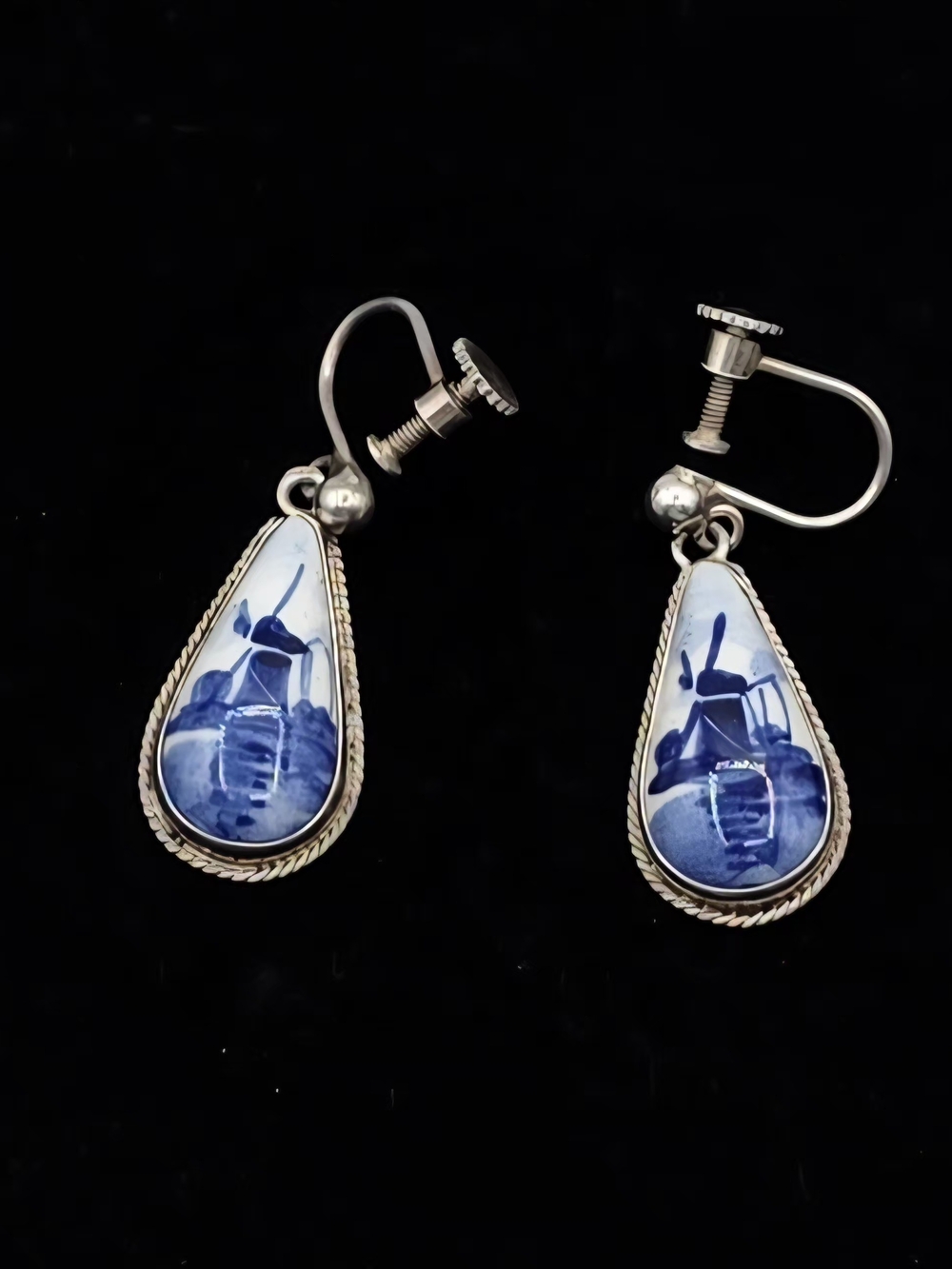 Vintage Delft Sailboat Porcelain Silver Screwback Dangle Earrings